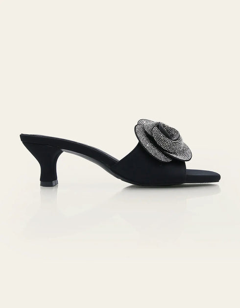 Rosavia heel slides – black with silver floral embellishment